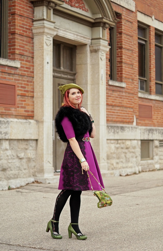 Winnipeg Style, winter 2015, Tabbisocks Floral Vine textured tights, Gabby Skye lace fit and flare purple dress, Mary Frances Leap pad frog beaded handbag clutch, Jessica feather shrug, BCBG Max Azria crystal belt, San Diego hat co green wool beret, Chie Mihara Geraldine green eye eyelash leather ankle strap shoes